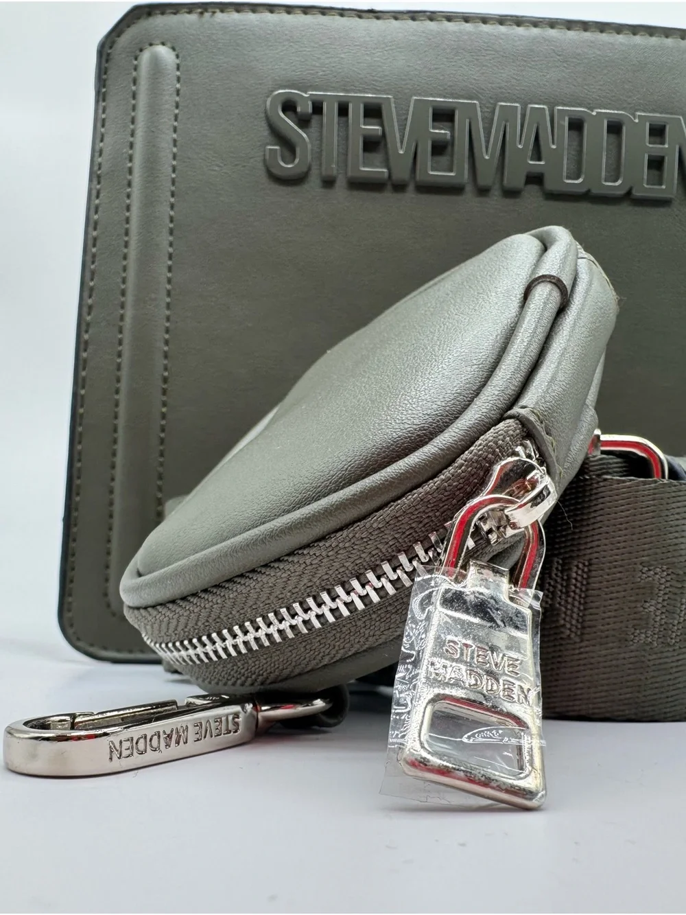 Steve Madden Olive Green Structured Crossbody Logo Strap and removable zip pouch